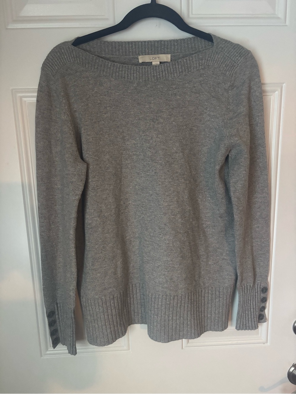 LOFT Light Gray Boatneck Sweater with Button Cuffs